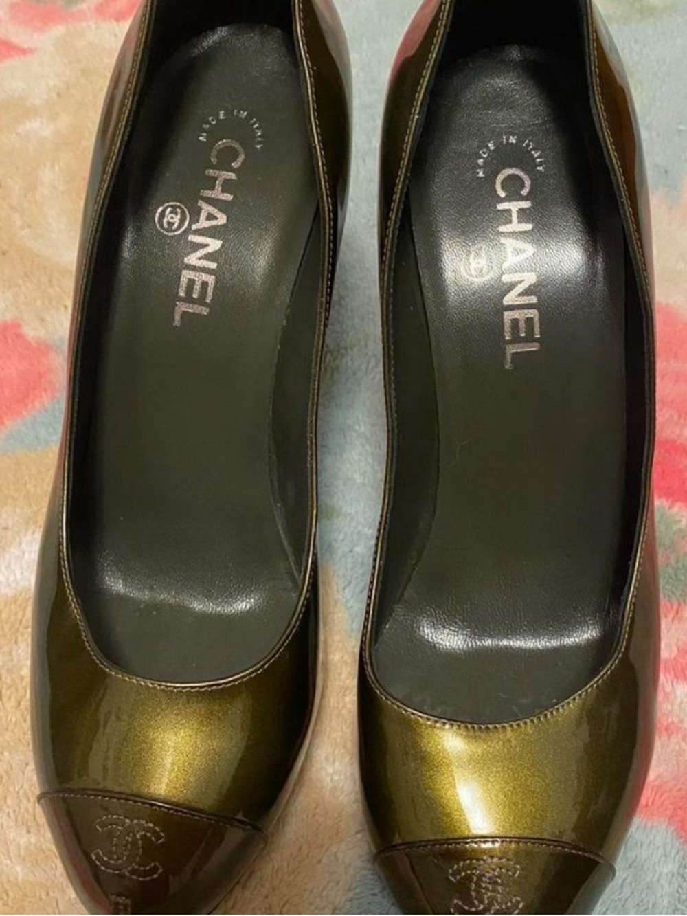 CHANEL Olive Green Metallic Cap-Toe Flats